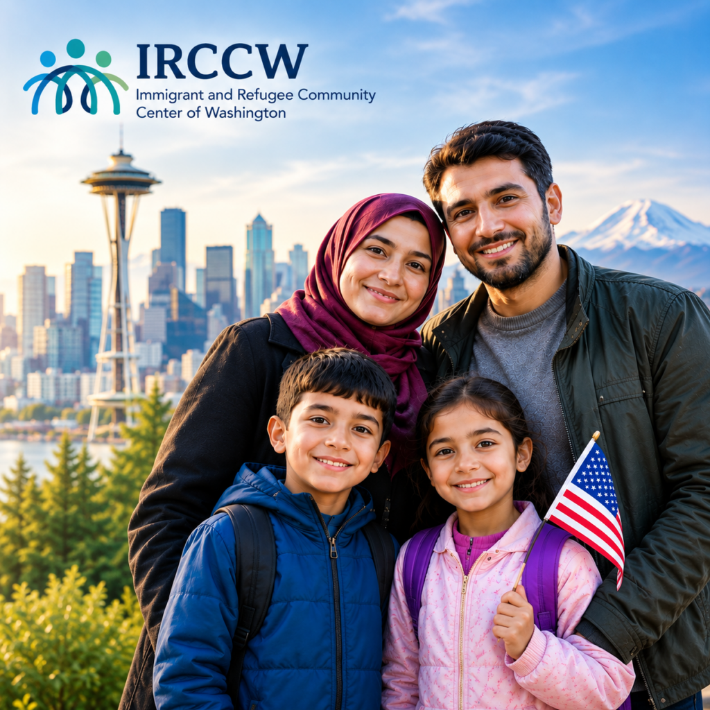 Refugee family with children and a US flag in front of Seattle skyline, symbolizing resettlement support from IRCCW in Washington