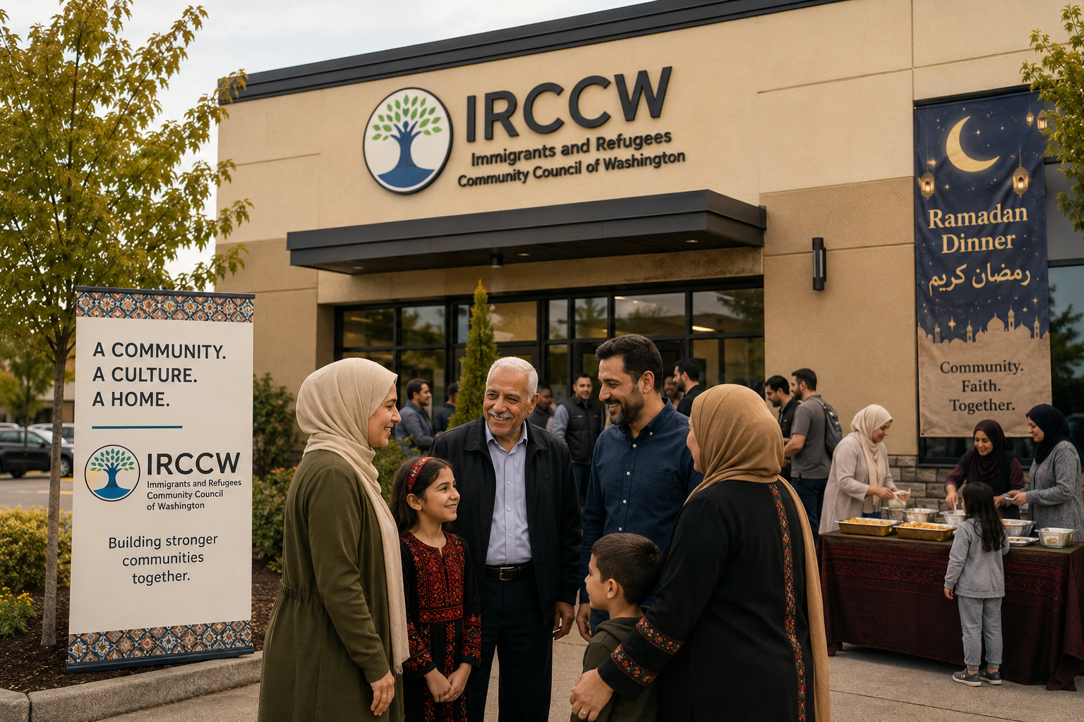 Iraqi American family gathered outside IRCCW's Kent WA community center during a Ramadan dinner event