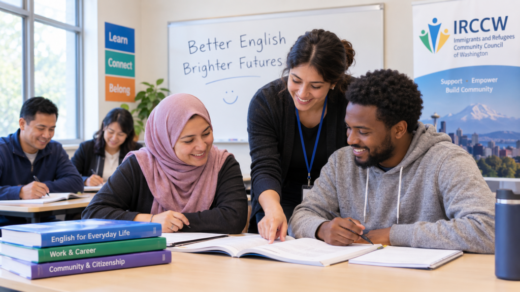 IRCCW instructor helps refugee and immigrant students during a free ESL class in Kent, WA, with books on everyday English, work skills, and citizenship on the table.