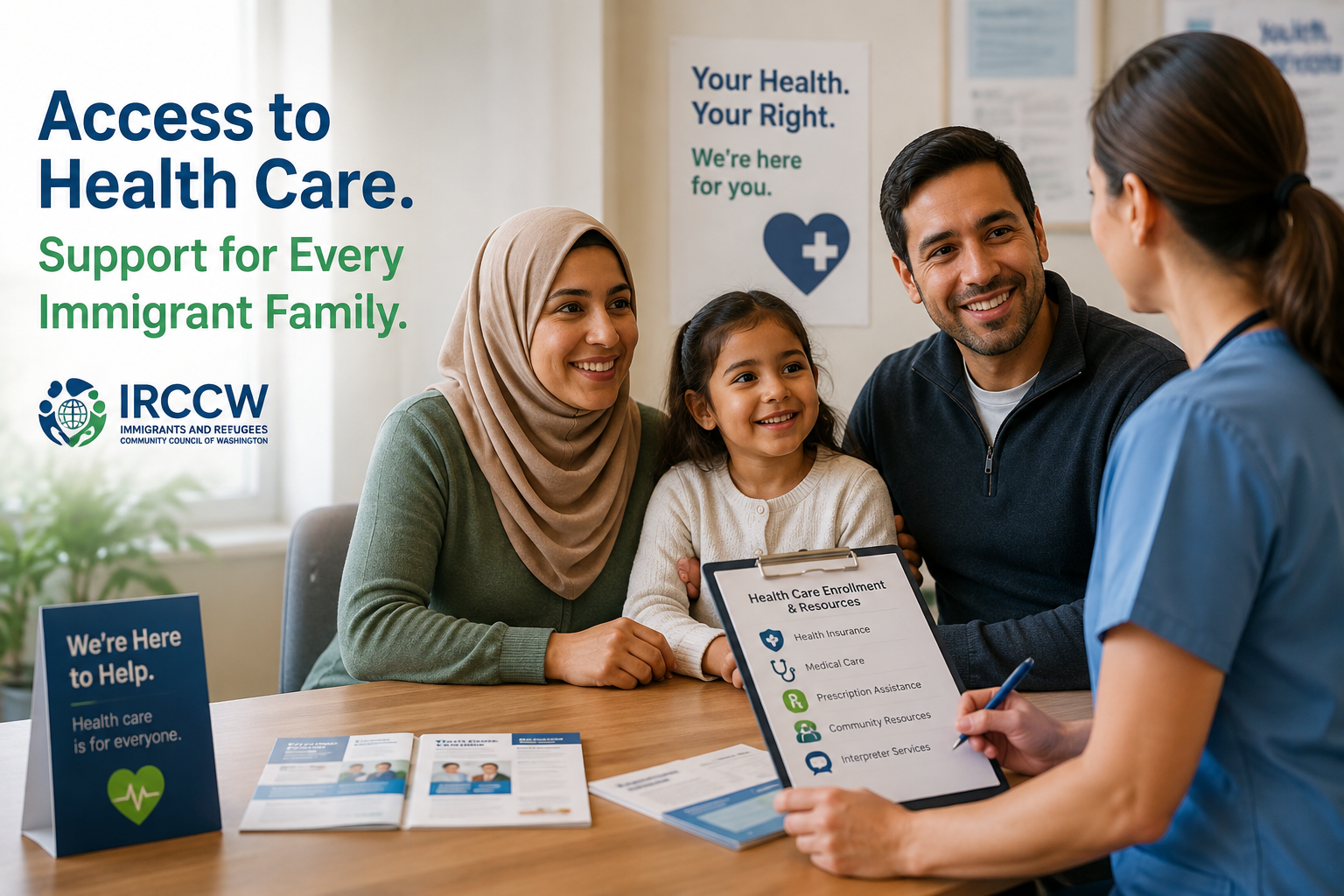 IRCCW staff member helps an immigrant family review health care enrollment and interpreter resources in Washington State.