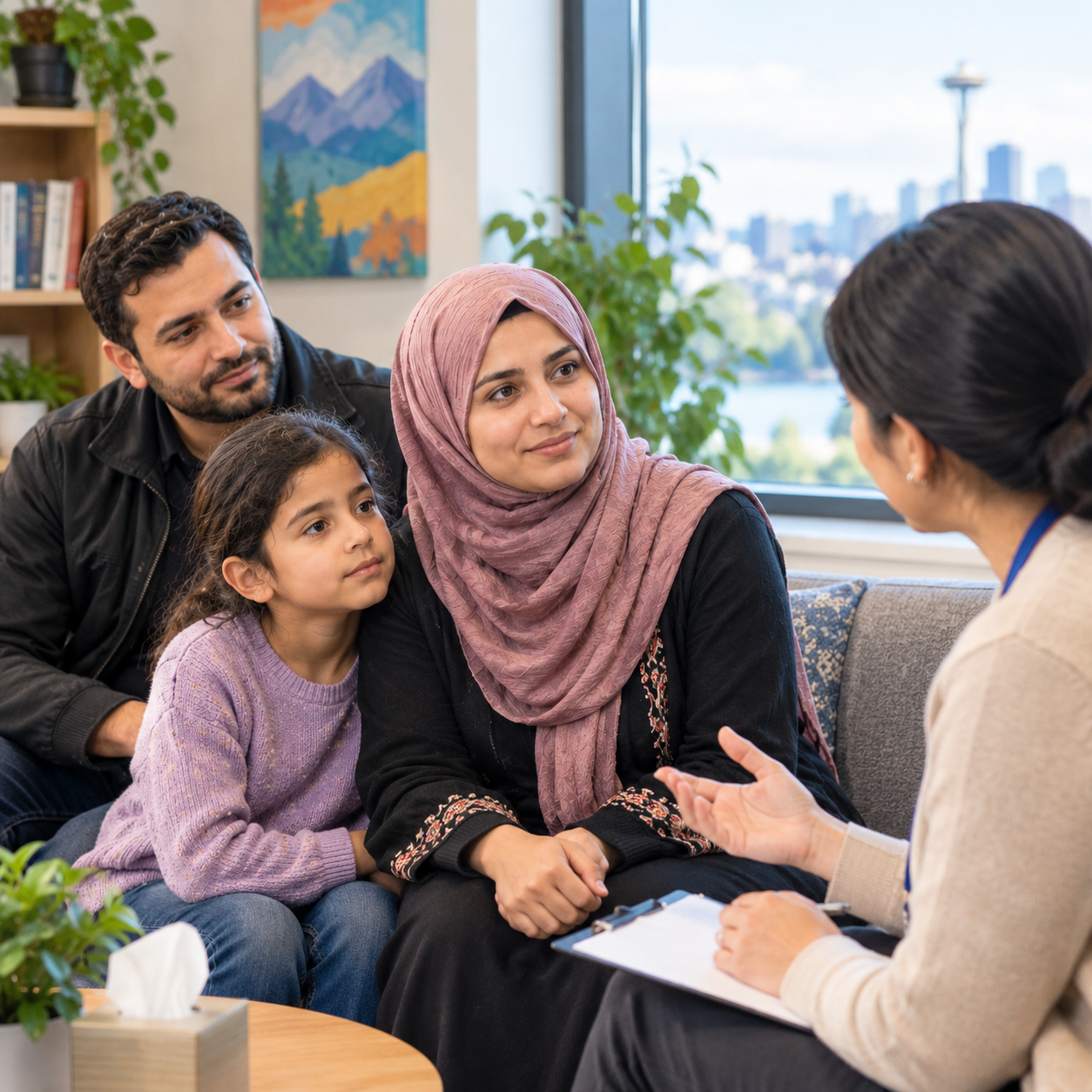 Refugee family of three meeting with a case manager in a Seattle office, discussing culturally sensitive mental health and support resources.